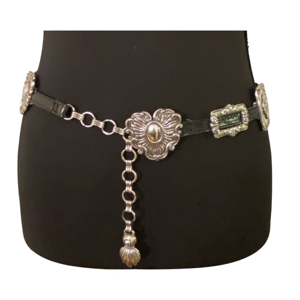 Vintage 1993 Brighton Black Leather Concho Belt Western Silver Size S Boho